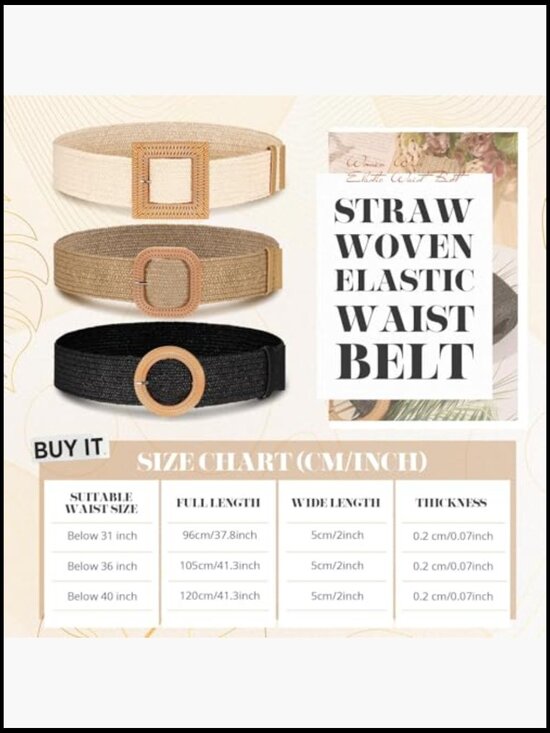 3 Pack Straw Woven Elastic Waist Belt Bohemian Dress Braided Belt main image 4